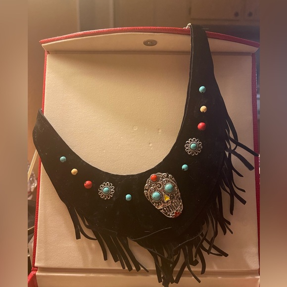 💀 Sugar Skull, Day of the Dead, Black Suede Fringe, Collar Necklace - Picture 2 of 4